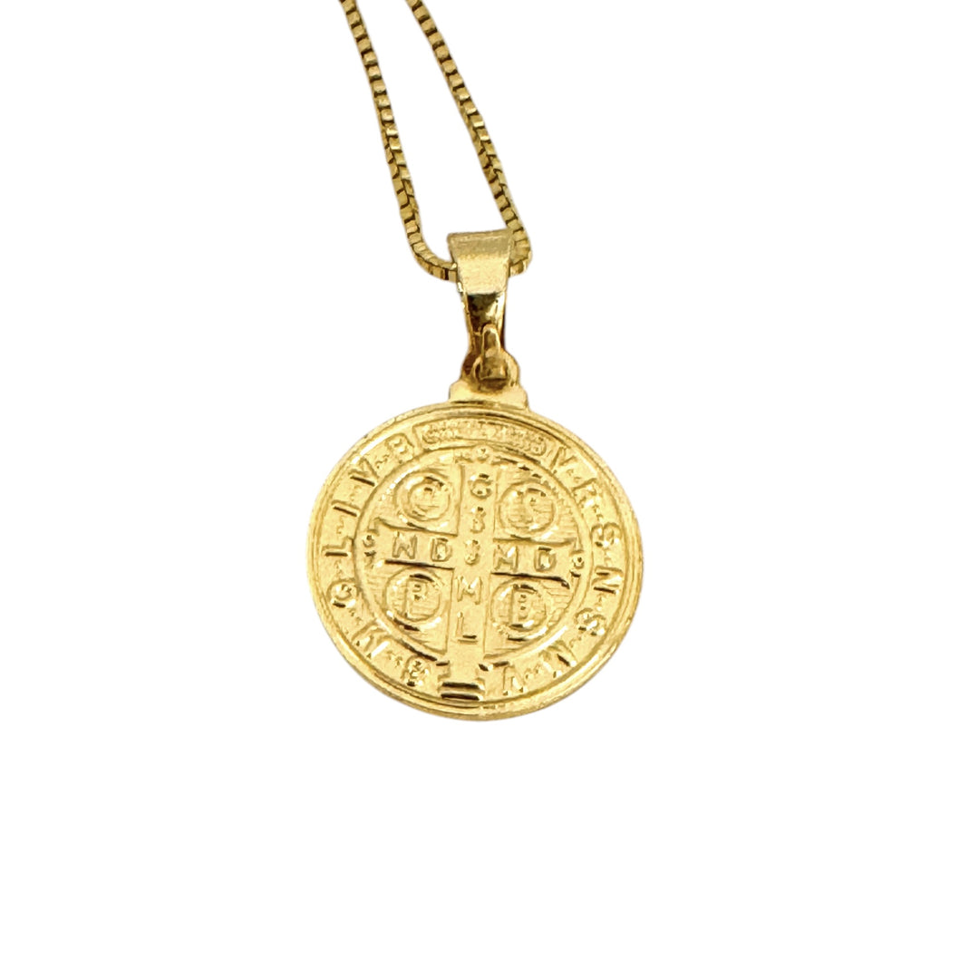 Collar San Benito M oro 18k - medalla protección 1.5cm cadena religiosa