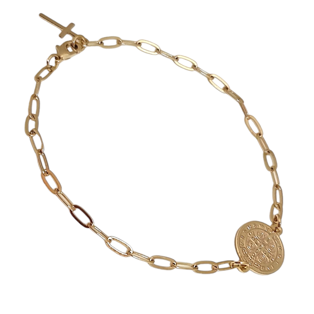 Pulsera San Benito Con Cruz Oro