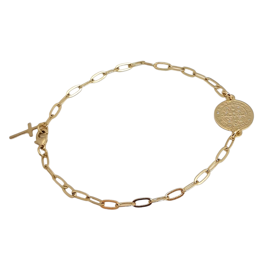 Pulsera San Benito Con Cruz Oro