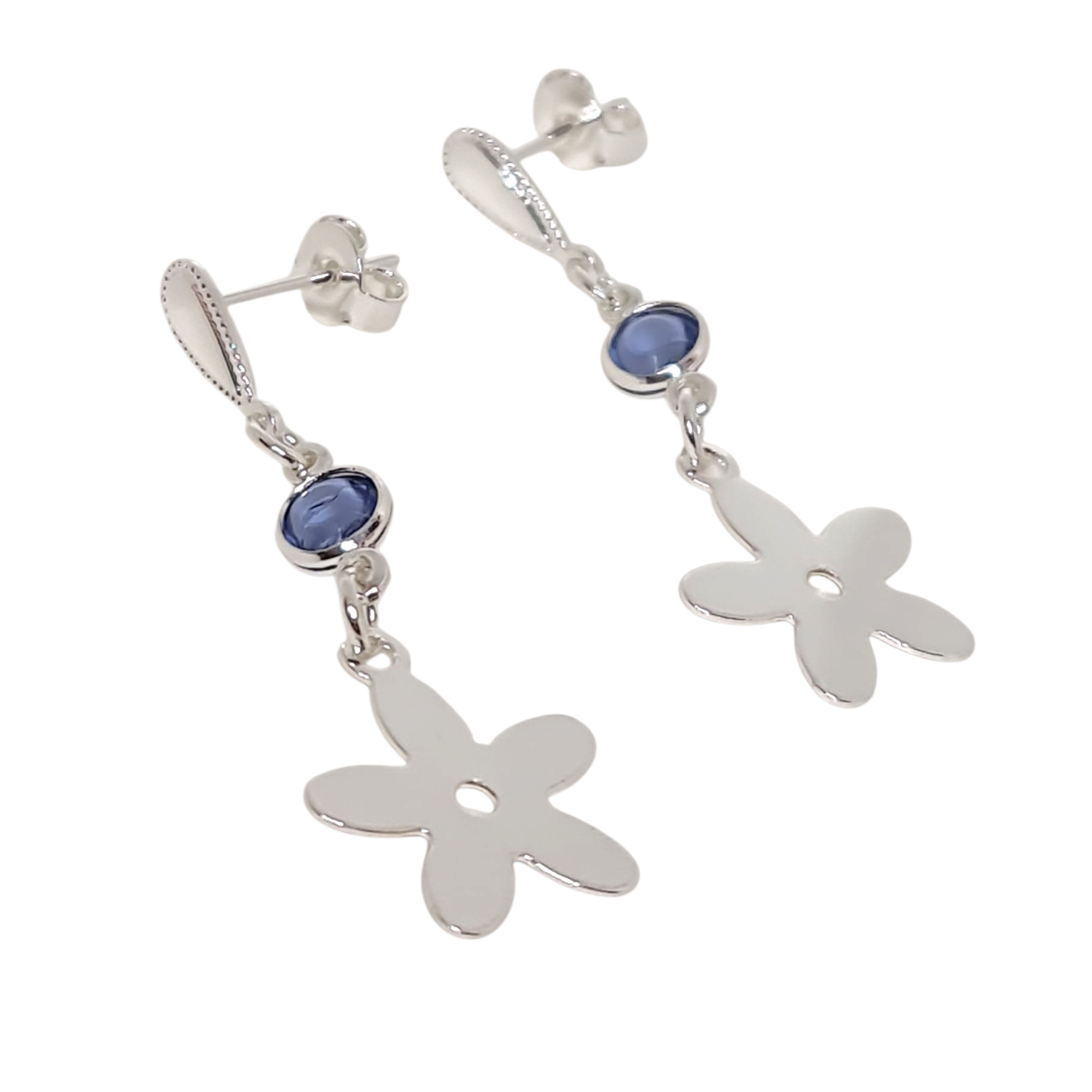 Detalle flor azul aros Loreto plata - aros delicados