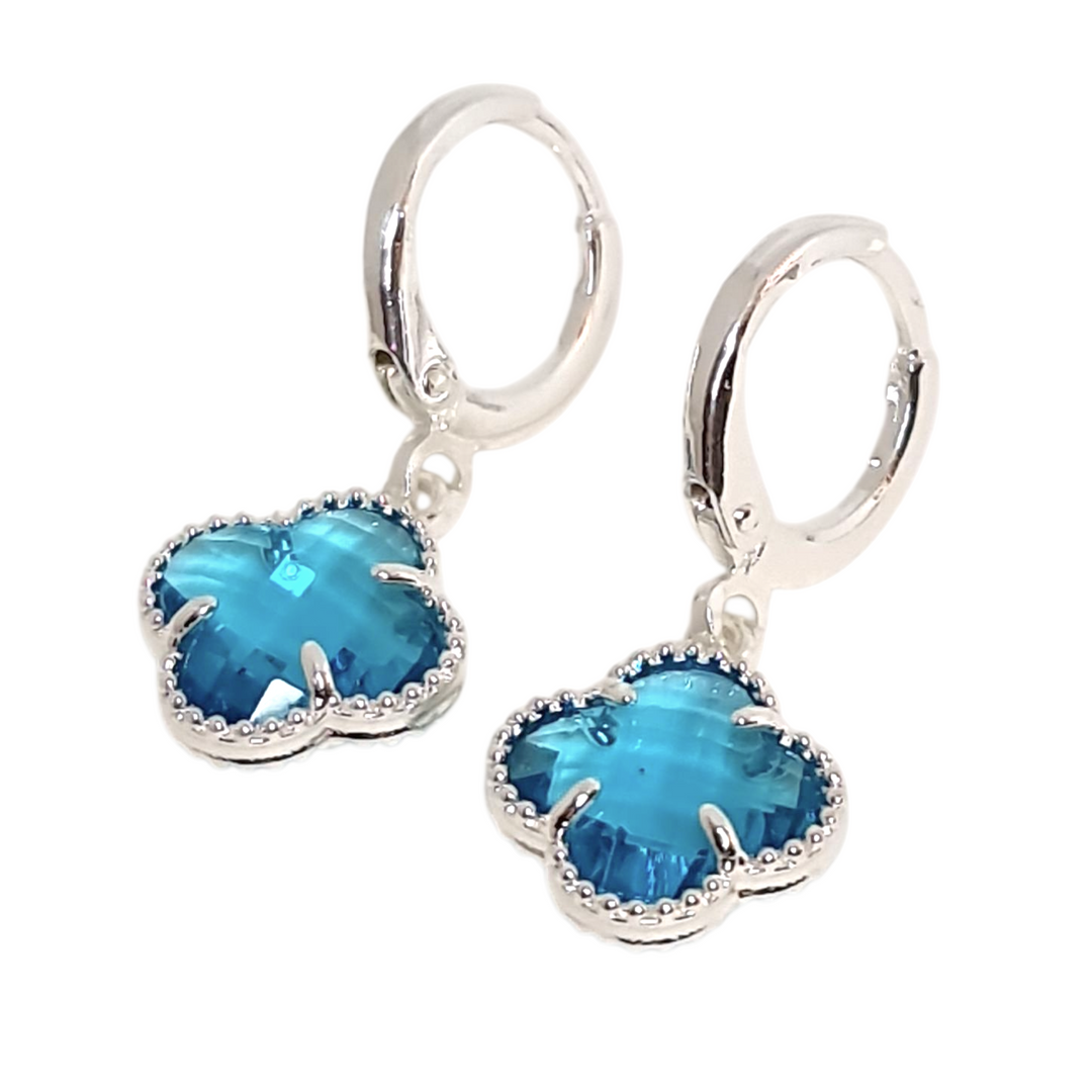 Aros trébol blue plata - aros piedra azul suerte