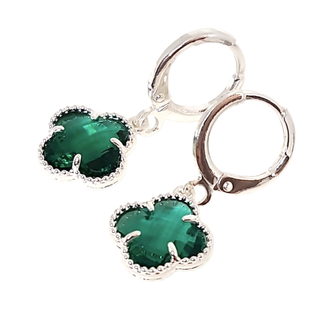 Aros trébol esmeralda plata - aros piedra verde suerte